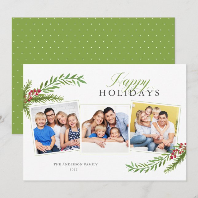 Tarjeta Festiva Verdor de invierno Mínimo 3 Foto Felices Fiestas (Anverso / Reverso)