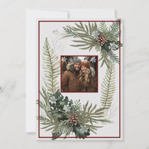 Tarjeta Festiva Verdor Ferns Pine Cones Copos de nieve