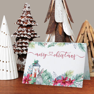Tarjeta Festiva Verdor Invernal Poinsettia y Conejo Acuarela