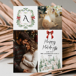 Tarjeta Festiva Verdor Monograma Escudo Bow Felices Fiestas 2 Foto