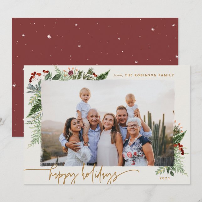 Tarjeta Festiva Verdor rústico Burgundy Beige Gold Photo (Anverso / Reverso)