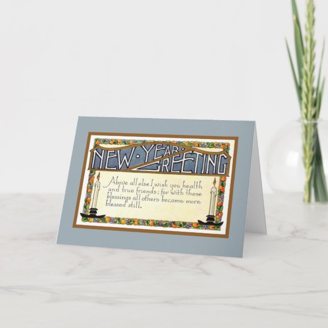 Tarjeta Festiva Verso azul del saludo de Año Nuevo Art Deco (Anverso)