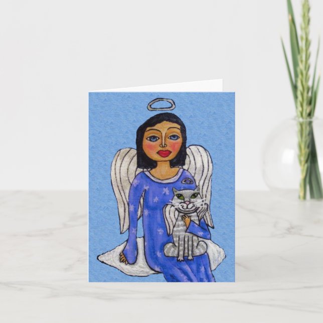 Tarjeta Festiva Vestido azul del ángel en la nube con el gato (Anverso)