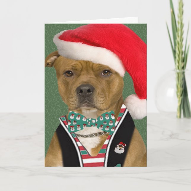 Tarjeta Festiva Vestidos de Pitbull para Santa (Anverso)