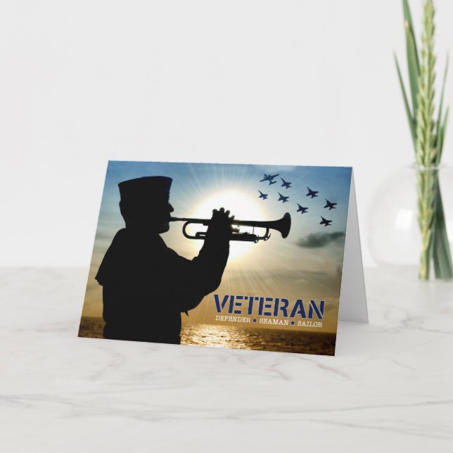 Tarjeta Festiva Veteranos: marinero veterano bugler y jets (Anverso)