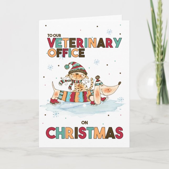 Tarjeta Festiva Veterinaria en Navidades Perro Wiener y Gato (Anverso)
