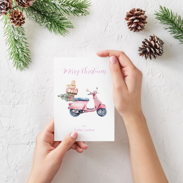 Tarjeta Festiva Viaje de compras para Navidades de Vespa Rosa (Pink Vespa Christmas shopping trip card)