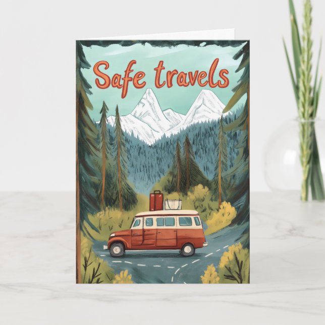 Tarjeta Festiva Viajes seguros en coche de paisaje retro (Anverso)