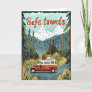 Tarjeta Festiva Viajes seguros en coche de paisaje retro