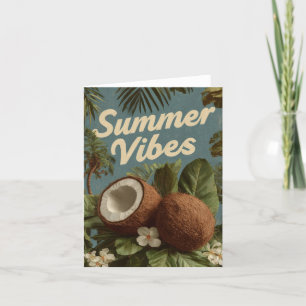 Tarjeta Festiva "Vibes de verano" con cocos y follaje tropical