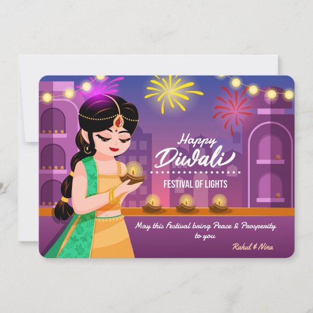 Tarjeta Festiva Vibrant Indian Girl Happy Diwali Festival of Light (Anverso)