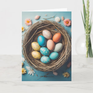 Tarjeta Festiva Vibrante Cesta De Pascua Con Huevos Decorativos