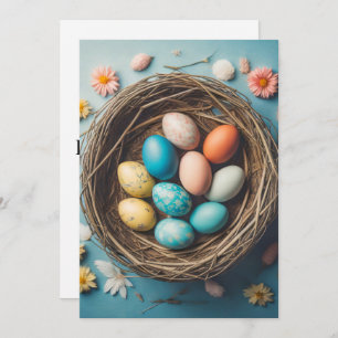 Tarjeta Festiva Vibrante Cesta De Pascua Con Huevos Decorativos