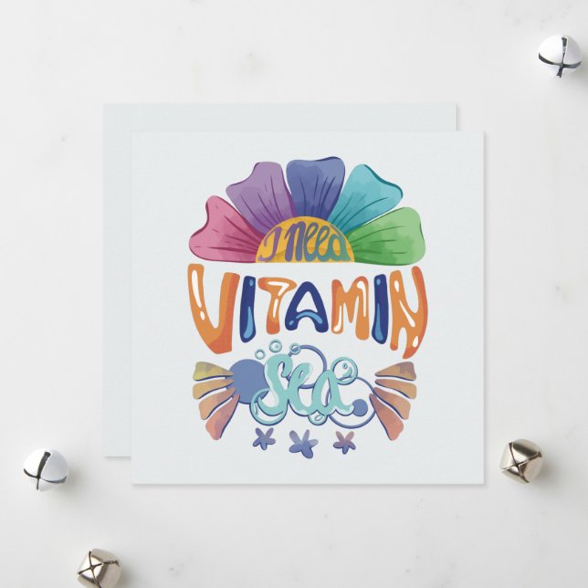 Tarjeta Festiva Vibrante oruga arcoiris: Necesito un mar de vitami (Anverso/Reverso In Situ)