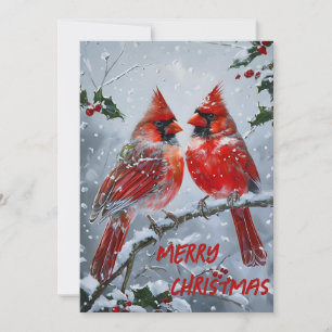 Tarjeta Festiva Vibrantes cardenales rojos en una rama nevada