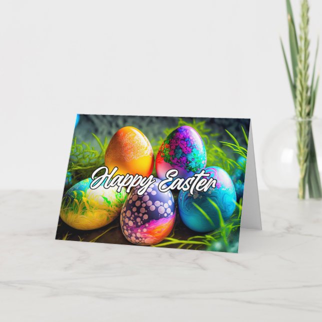 Tarjeta Festiva Vibrantes huevos de Pascua decorativos (Anverso)
