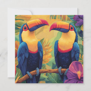 Tarjeta Festiva Vibrantes pinturas turcasAves tropicales en el par