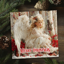 Tarjeta Festiva Victorian angel red poinsettias elegant holiday
