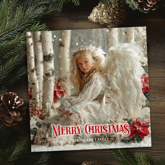 Tarjeta Festiva Victorian angelic angel red poinsettias festive  (Victorian angelic angel red poinsettias festive card)