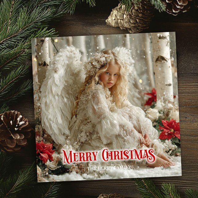 Tarjeta Festiva Victorian angelic angel red poinsettias holiday  (Victorian angelic angel red poinsettias holiday card)