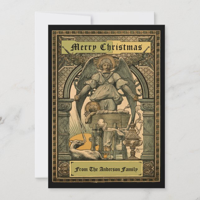 Tarjeta Festiva Victorian Era Art Nouveau Christmas Nativity 1889 (Anverso)