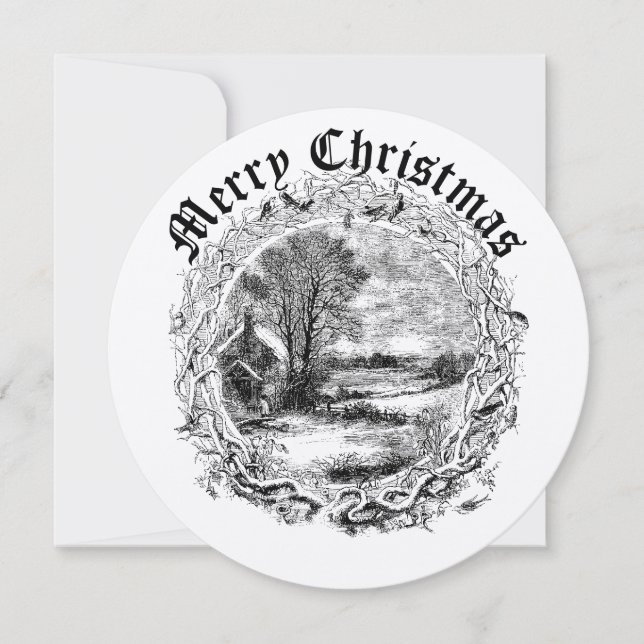 Tarjeta Festiva Victorian Era Christmas Winter Scene In Wreath (Anverso)