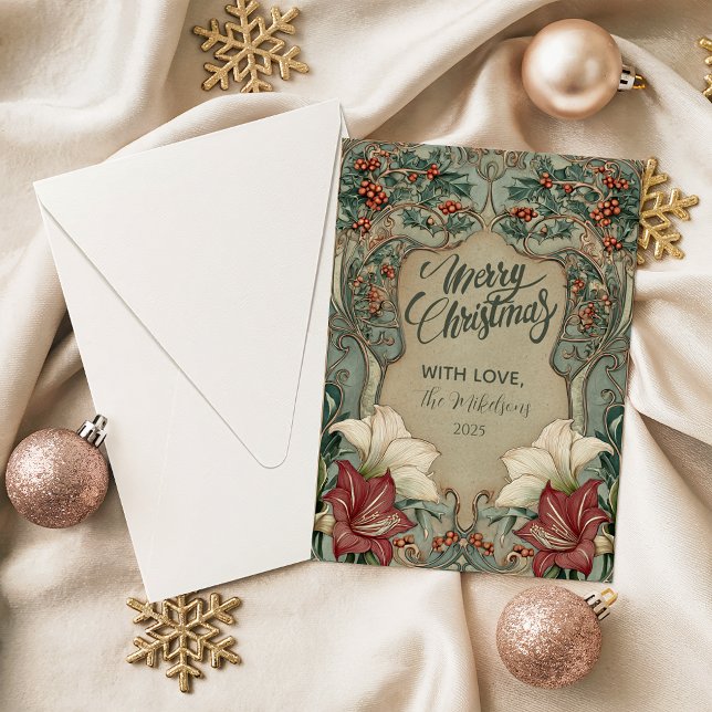 Tarjeta Festiva Victorian Holly & Amaryllis Christmas (Subido por el creador)