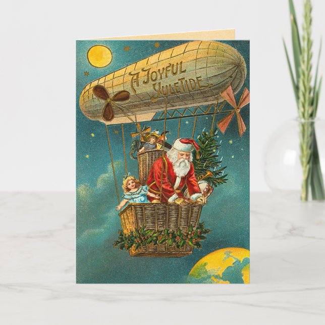 Tarjeta Festiva Victorian Santa en un globo (Anverso)