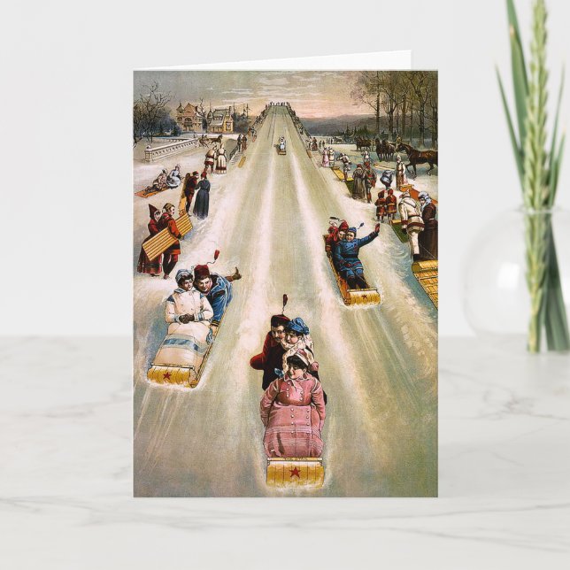 Tarjeta Festiva Victorian Sledding Hill Vintage Christmas (Anverso)