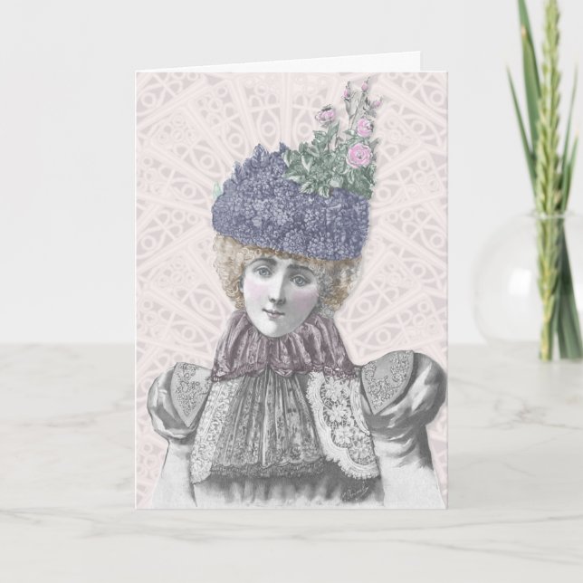 Tarjeta Festiva Victorian Valentine - Mujer con Gorra Lilac (Anverso)