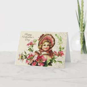 Tarjeta Festiva Victoriana de época, una niña pequeña con Rosas