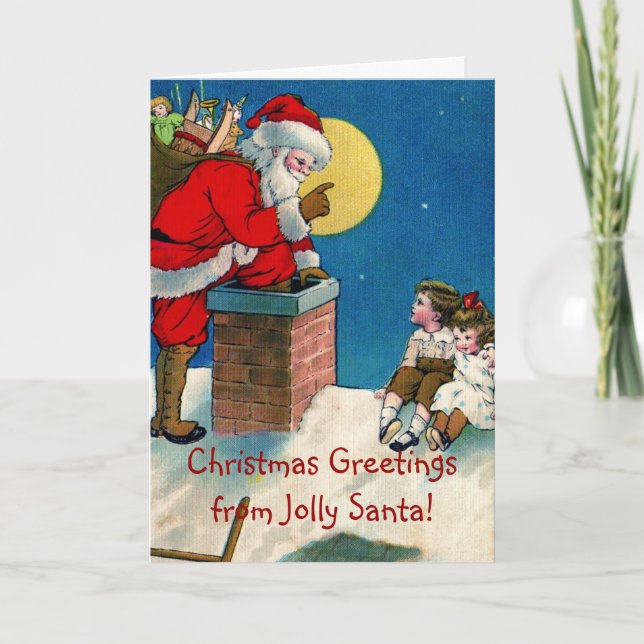 Tarjeta Festiva Victoriana Jolly Santa w/Niños Navidades Greetin (Anverso)