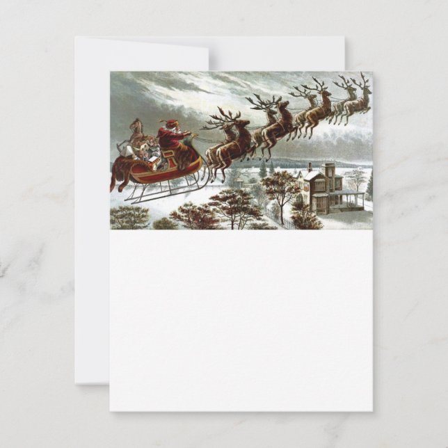 Tarjeta Festiva Victoriano Santa Claus Reindeer y Sleigh (Anverso)