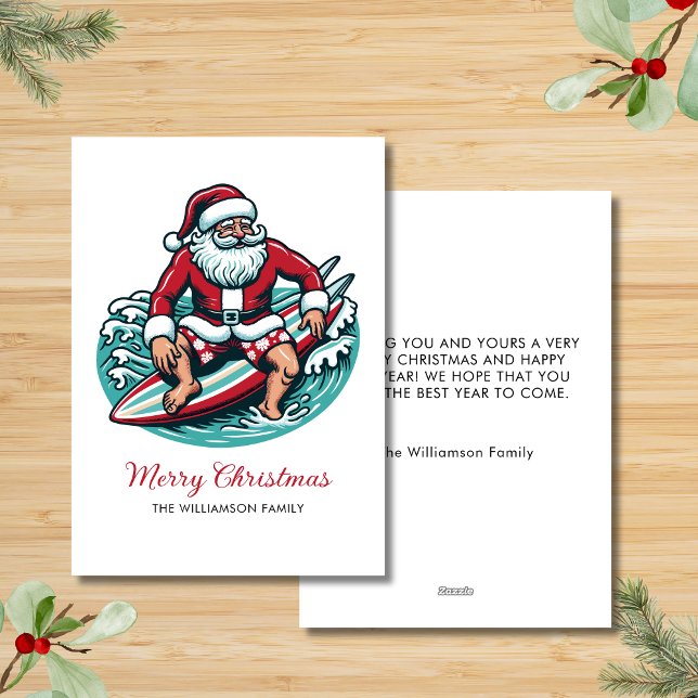 Tarjeta Festiva Videos Santa Tropical de Surfing Retro (Add your details to personalize.)