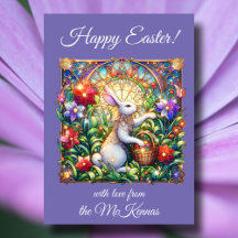 Vidrio Manchado De Conejo De Pascua Morado Floral