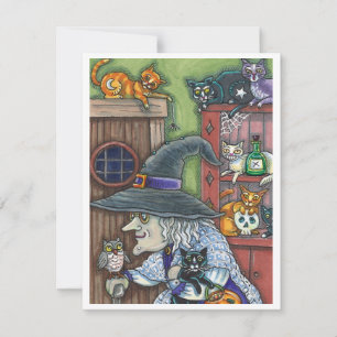 TARJETA FESTIVA VIEJA BRUJA HOGAR FELIZ, MUCHOS GATOS Y BÚHO HALLO