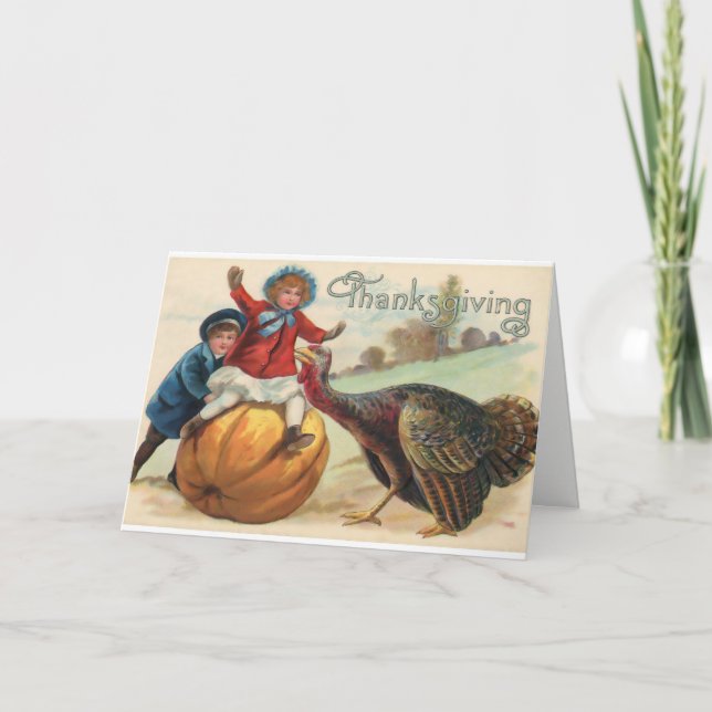 Tarjeta Festiva Vieja escena del Día de Acción de Gracias. (Anverso)