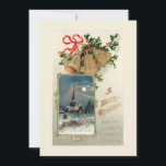 Tarjeta Festiva Viejas campanas navideñas e iglesia rústica en la<br><div class="desc">Festiva tarjeta de Navidades victorianos con tres campanas de bronce con cinta roja y holly sobre un fondo de sabio claro y sombreado con el inset de la iglesia del pueblo en una noche de invierno nevada y el saludo de Navidad de Feliz. El color de fondo es el personalizable....</div>