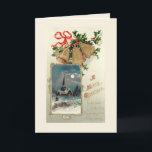 Tarjeta Festiva Viejas campanas navideñas e iglesia rústica en la<br><div class="desc">Festiva tarjeta de Navidades victorianos con tres campanas de bronce con cinta roja y holly sobre un fondo de sabio claro y sombreado con el inset de la iglesia del pueblo en una noche de invierno nevada y el saludo de Navidad de Feliz. El color de fondo es el personalizable....</div>