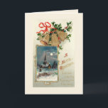 Tarjeta Festiva Viejas campanas navideñas e iglesia rústica en la<br><div class="desc">Festiva tarjeta de Navidades victorianos con tres campanas de bronce con cinta roja y holly sobre un fondo de sabio claro y sombreado con el inset de la iglesia del pueblo en una noche de invierno nevada y el saludo de Navidad de Feliz. El color de fondo es el personalizable....</div>