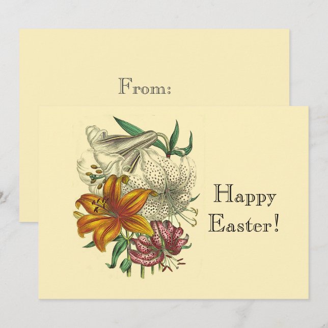 Tarjeta Festiva Viejo botánico Lilies Floral Feliz Pascua (Anverso / Reverso)
