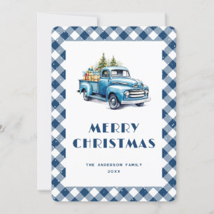 Tarjeta Festiva Viejo Camión Azul Gingham Plaid Merry Christmas Ca