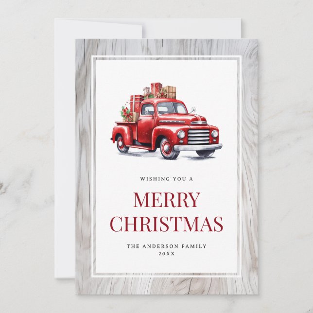 Tarjeta Festiva Viejo Camión Rojo Rustic Wood Merry Christmas Card (Anverso)