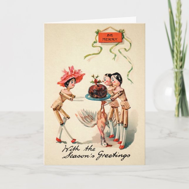 Tarjeta Festiva Viejo pájaro muerto de muñecas de madera victorian (Anverso)