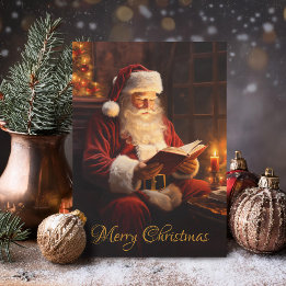 Tarjeta Festiva Viejo Santa leyendo un libro