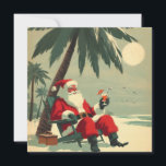 Tarjeta Festiva Viejo Santa sobre Tropical Beach Holiday Retro<br><div class="desc">Difunde algunas vibraciones de vacaciones retro con esta encantadora tarjeta de Navidades! Con un ilustracion de inspiración vintage de Santa Claus en una playa soleada, una bebida tropical en mano y una cultura relajada de tiki. El espíritu festivo de Santa resplandece bajo las palmeras, lo que le da un toque...</div>