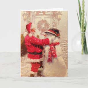 Tarjeta Festiva Viejo Santa y Snowman