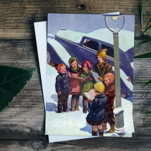 Tarjeta Festiva Villanceros Navideños Vintage Bajo las Estrellas