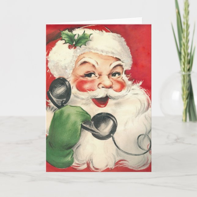 Tarjeta Festiva Viñeta Santa Claus En El Teléfono (Anverso)