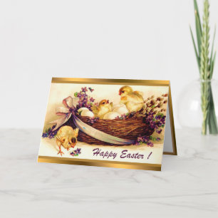 Tarjeta Festiva Vintage 3 Pollos Y Huevos Cartas Dobladas De Pascu
